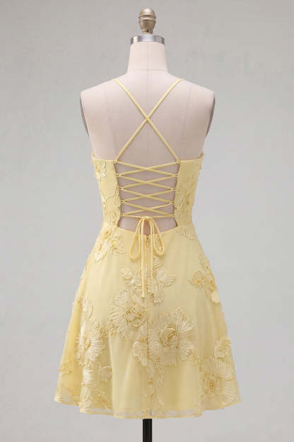Blue Floral Appliqued Spaghetti Straps A-Line Short Homecoming Dress