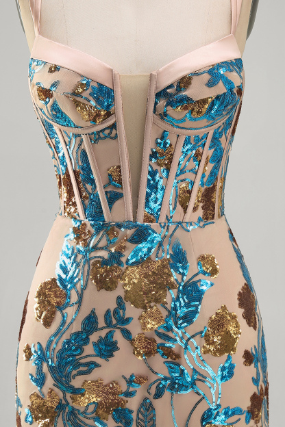 Blue Floral Sparkly Sequins Corset Bodycon Spaghetti Straps Short Homecoming Dress