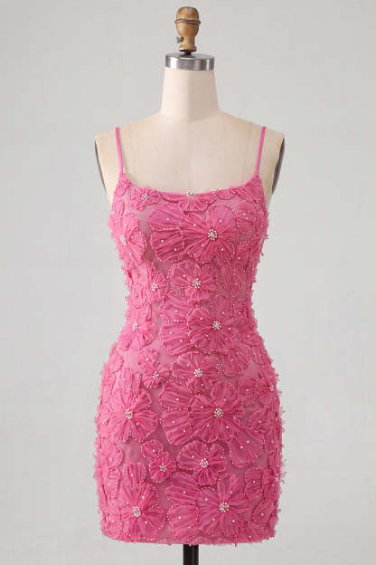 Sparkly Blue Floral Beaded Bodycon Spaghetti Straps Short Homecoming Dress