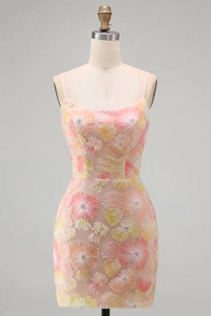 Sparkly Blue Floral Beaded Bodycon Spaghetti Straps Short Homecoming Dress