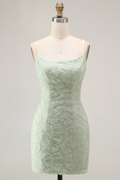Sparkly Blue Floral Beaded Bodycon Spaghetti Straps Short Homecoming Dress