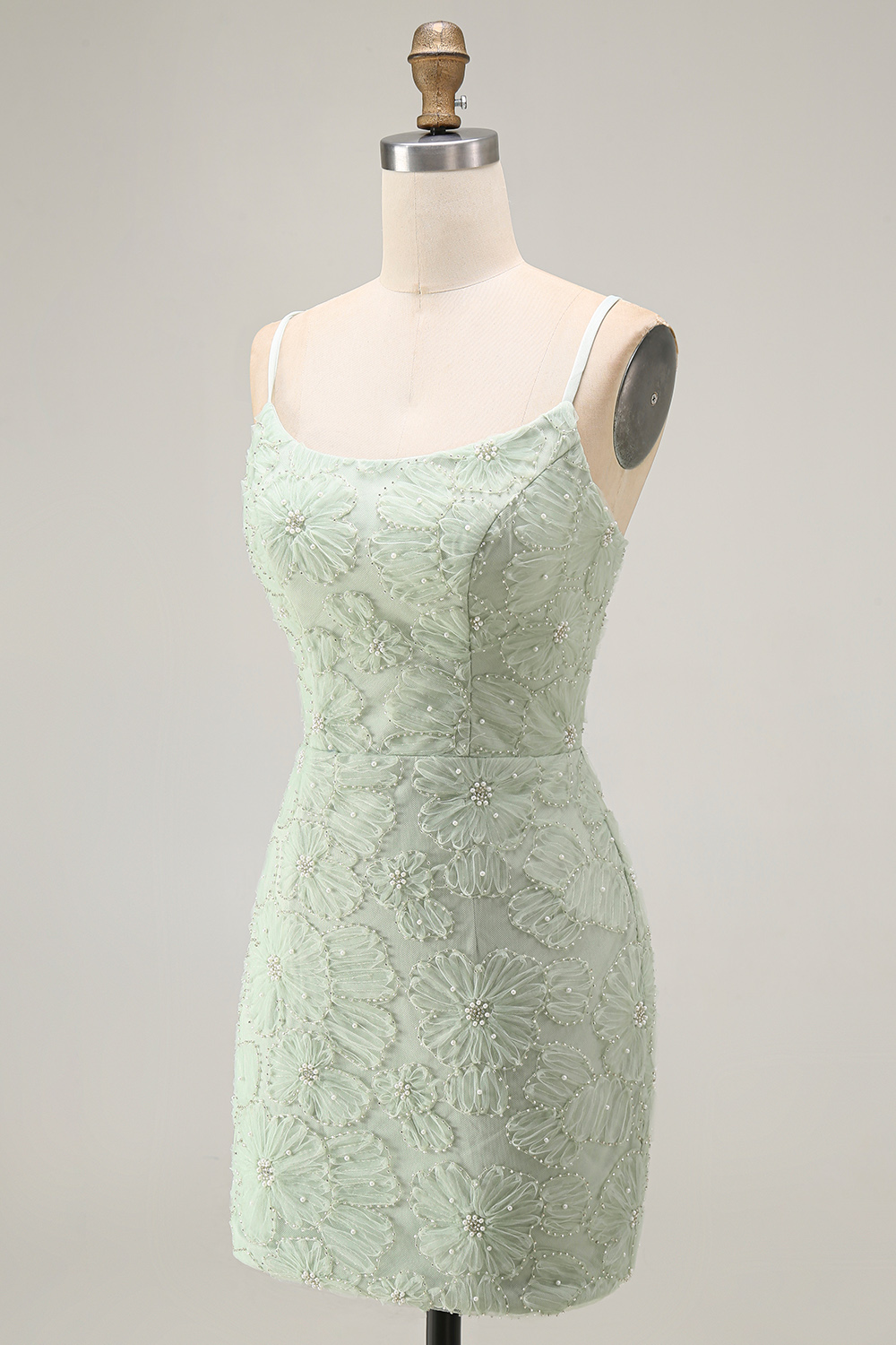 Sparkly Blue Floral Beaded Bodycon Spaghetti Straps Short Homecoming Dress
