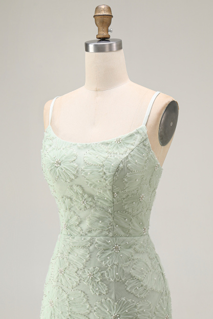 Sparkly Blue Floral Beaded Bodycon Spaghetti Straps Short Homecoming Dress