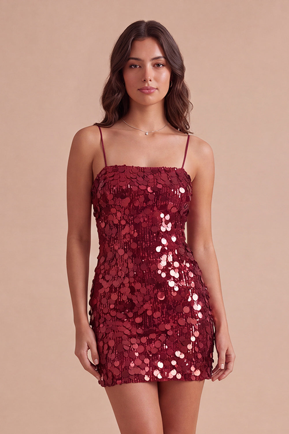 Burgundy Sparkly Sequins Bodycon Spaghetti Straps Short Homecoming Dress