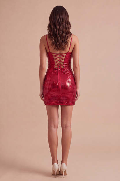 Red Sparkly Sequins Spaghetti Straps Bodycon Short Homecoming Dress
