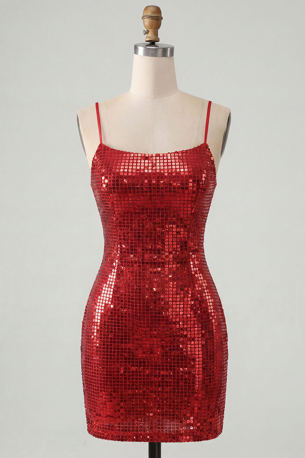 Red Sparkly Sequins Spaghetti Straps Bodycon Short Homecoming Dress