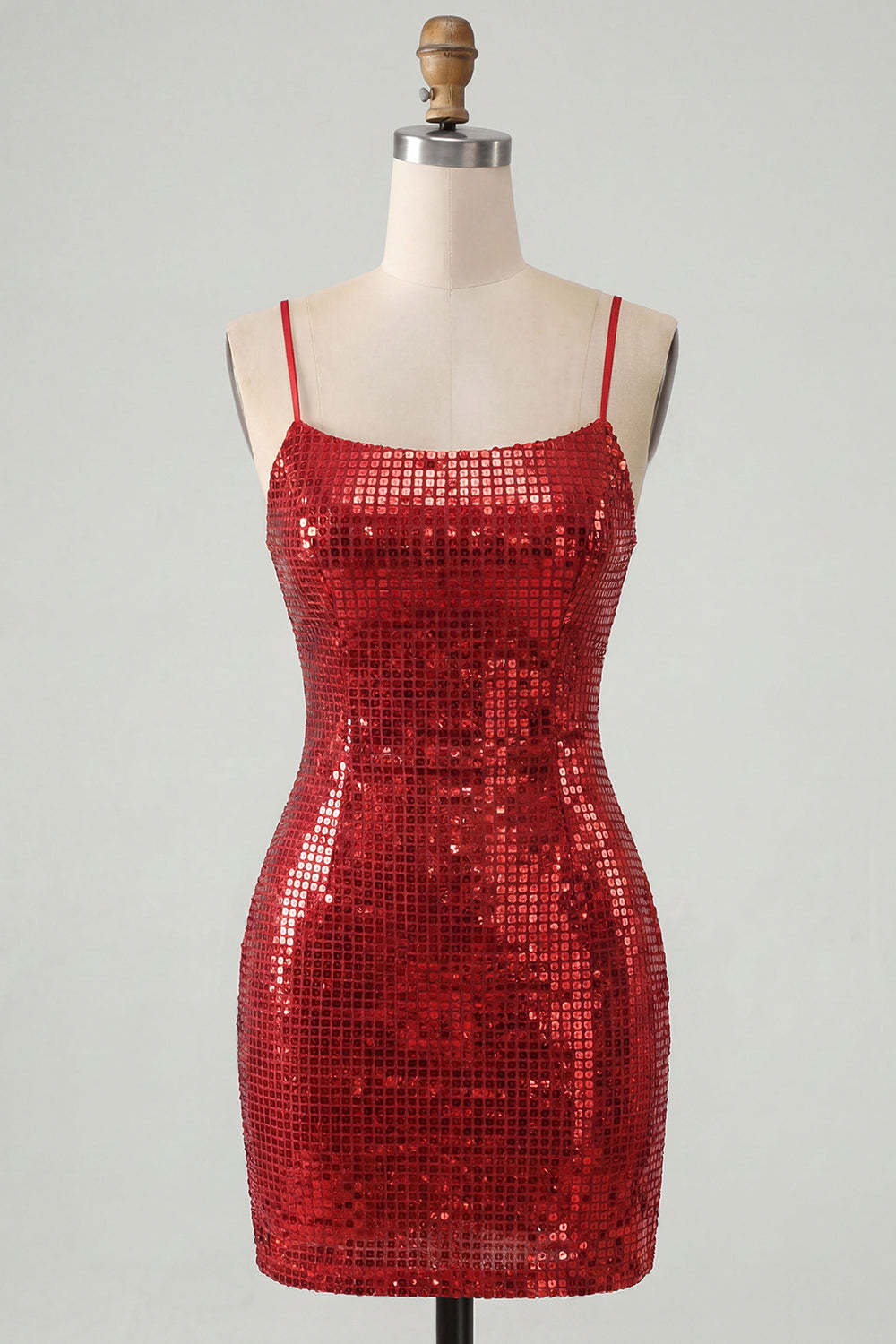 Red Sparkly Sequins Spaghetti Straps Bodycon Short Homecoming Dress