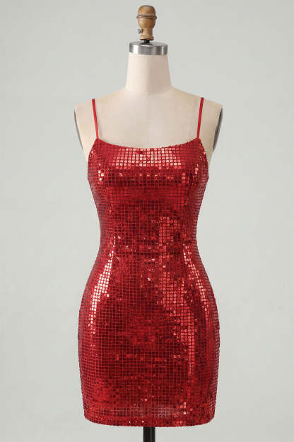 Red Sparkly Sequins Spaghetti Straps Bodycon Short Homecoming Dress