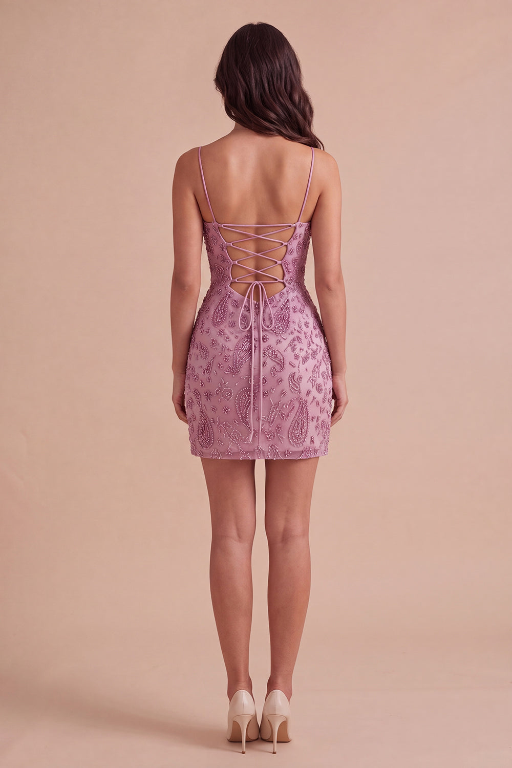 Dusty Rose Sparkly Beaded Floral Ruched Spaghetti Straps Short Homecoming Dress
