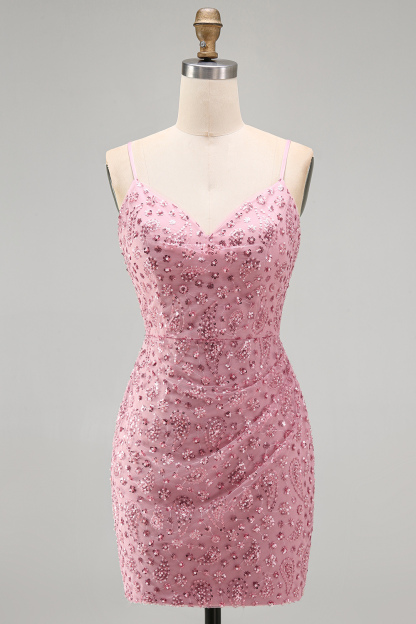Dusty Rose Sparkly Beaded Floral Ruched Spaghetti Straps Short Homecoming Dress