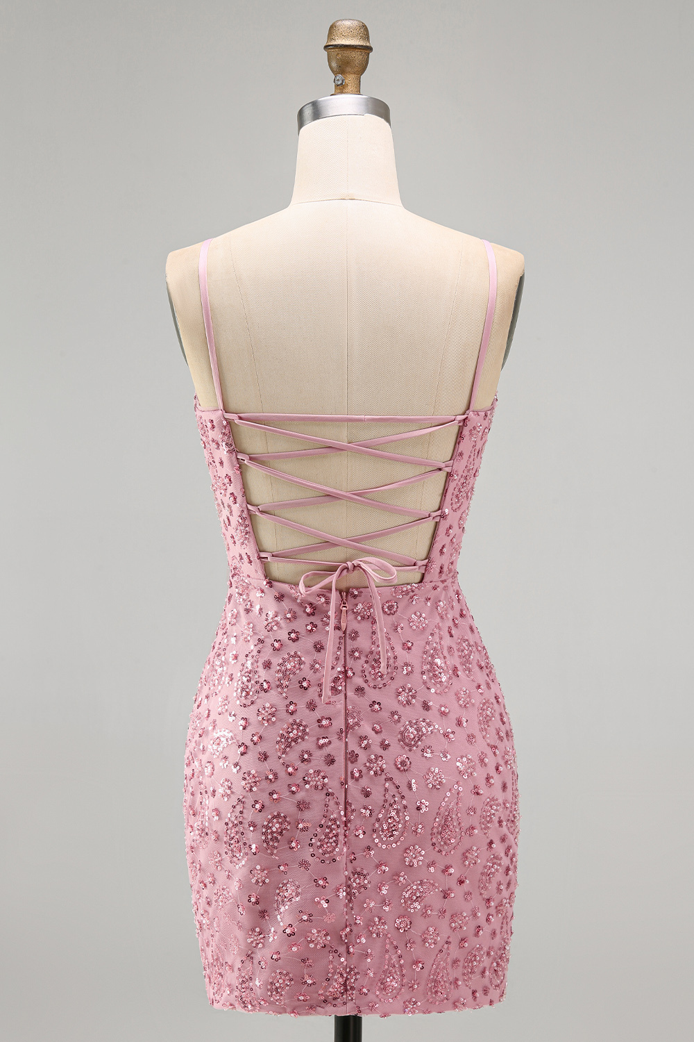 Dusty Rose Sparkly Beaded Floral Ruched Spaghetti Straps Short Homecoming Dress