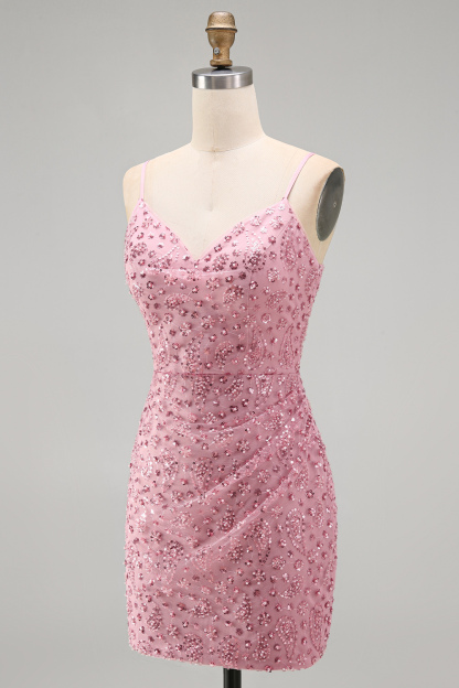 Dusty Rose Sparkly Beaded Floral Ruched Spaghetti Straps Short Homecoming Dress