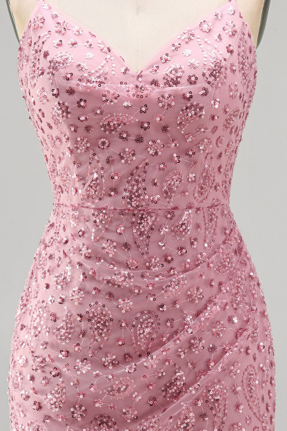 Dusty Rose Sparkly Beaded Floral Ruched Spaghetti Straps Short Homecoming Dress