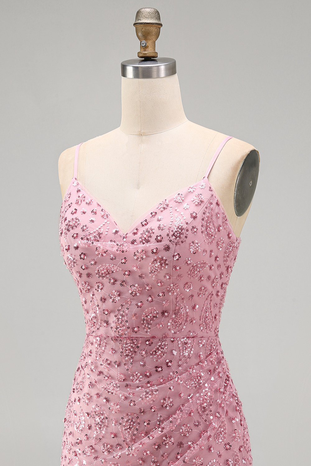 Dusty Rose Sparkly Beaded Floral Ruched Spaghetti Straps Short Homecoming Dress