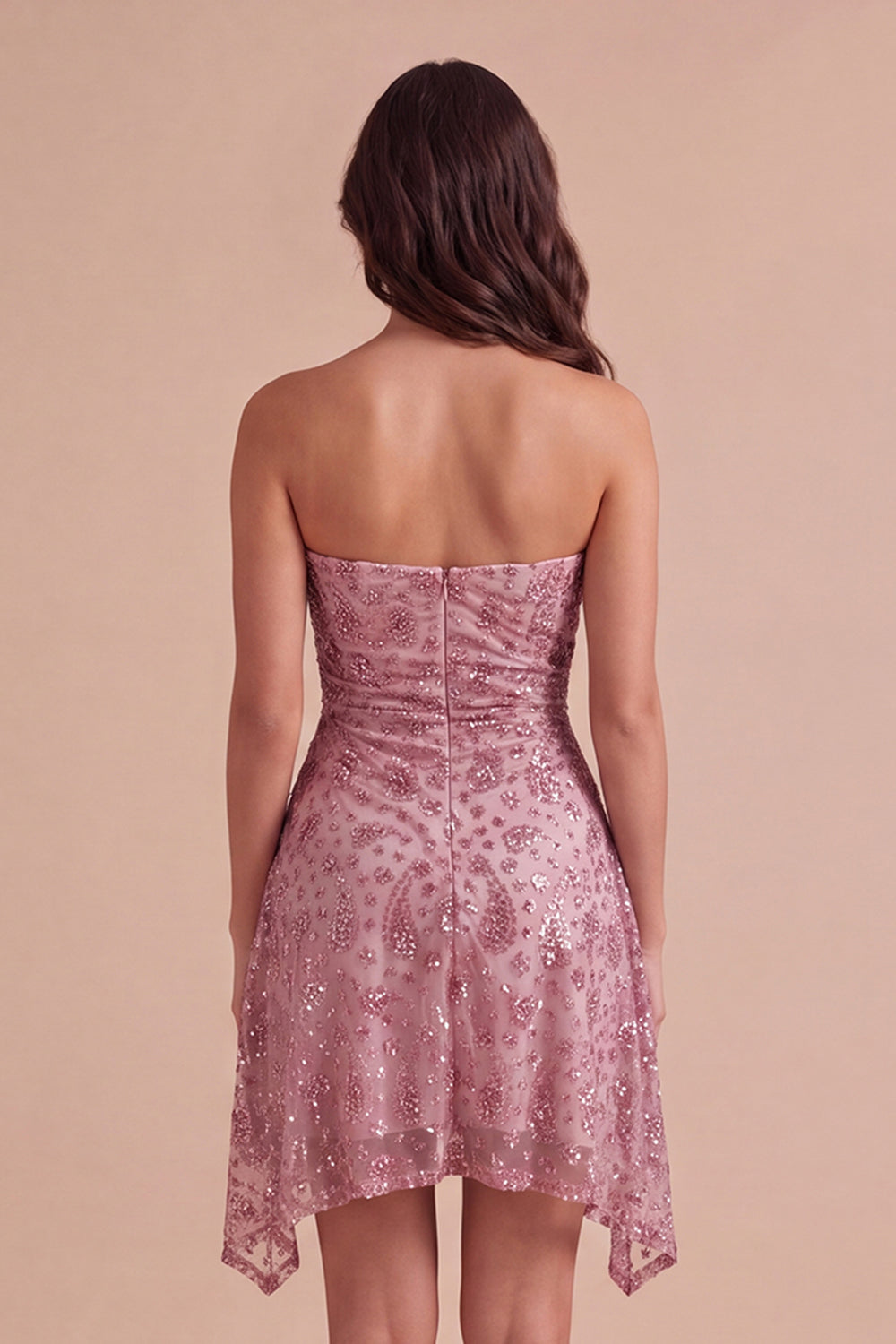 Dusty Rose Sparkly Sequins Floral Ruched Strapless Short Homecoming Dress