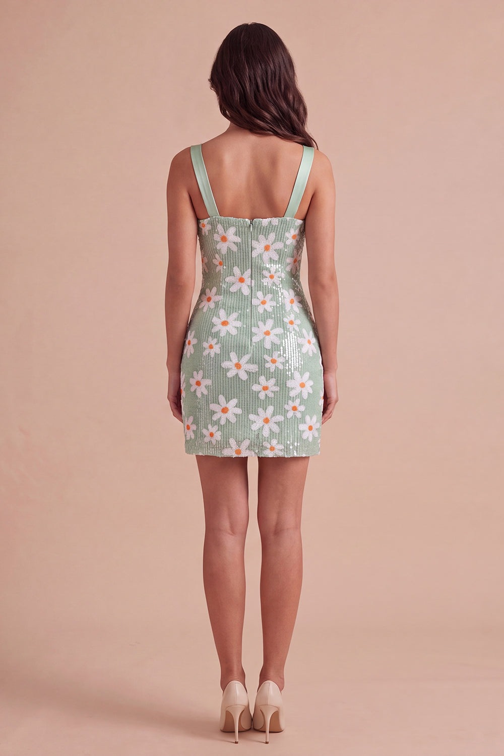 Sparkly Sequins Green Floral Thick Straps Bodycon Short Homecoming Dress