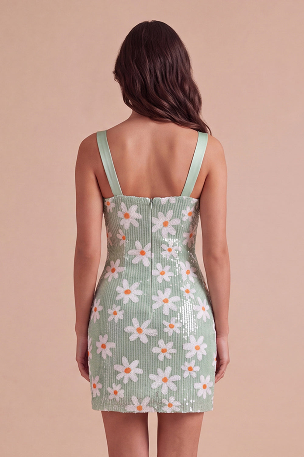 Sparkly Sequins Green Floral Thick Straps Bodycon Short Homecoming Dress
