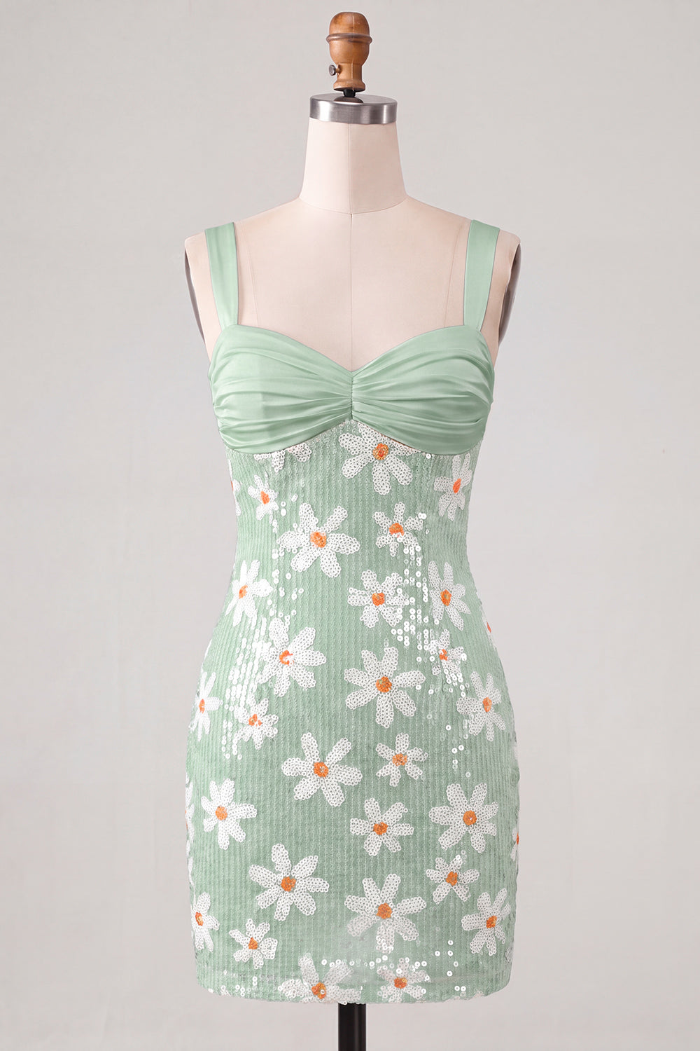 Sparkly Sequins Green Floral Thick Straps Bodycon Short Homecoming Dress