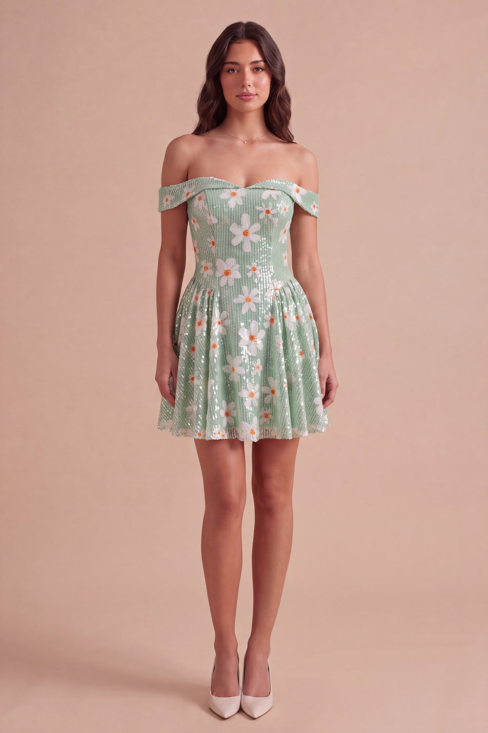 Sparkly Sequins Green Floral Off the Shoulder A-Line Short Homecoming Dress