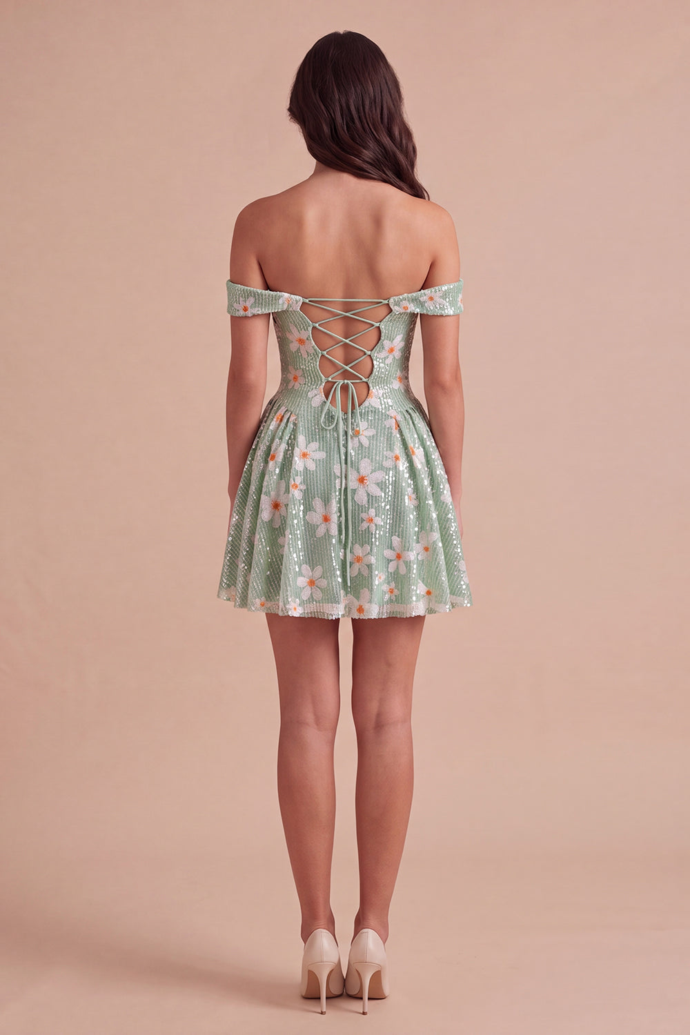 Sparkly Sequins Green Floral Off the Shoulder A-Line Short Homecoming Dress