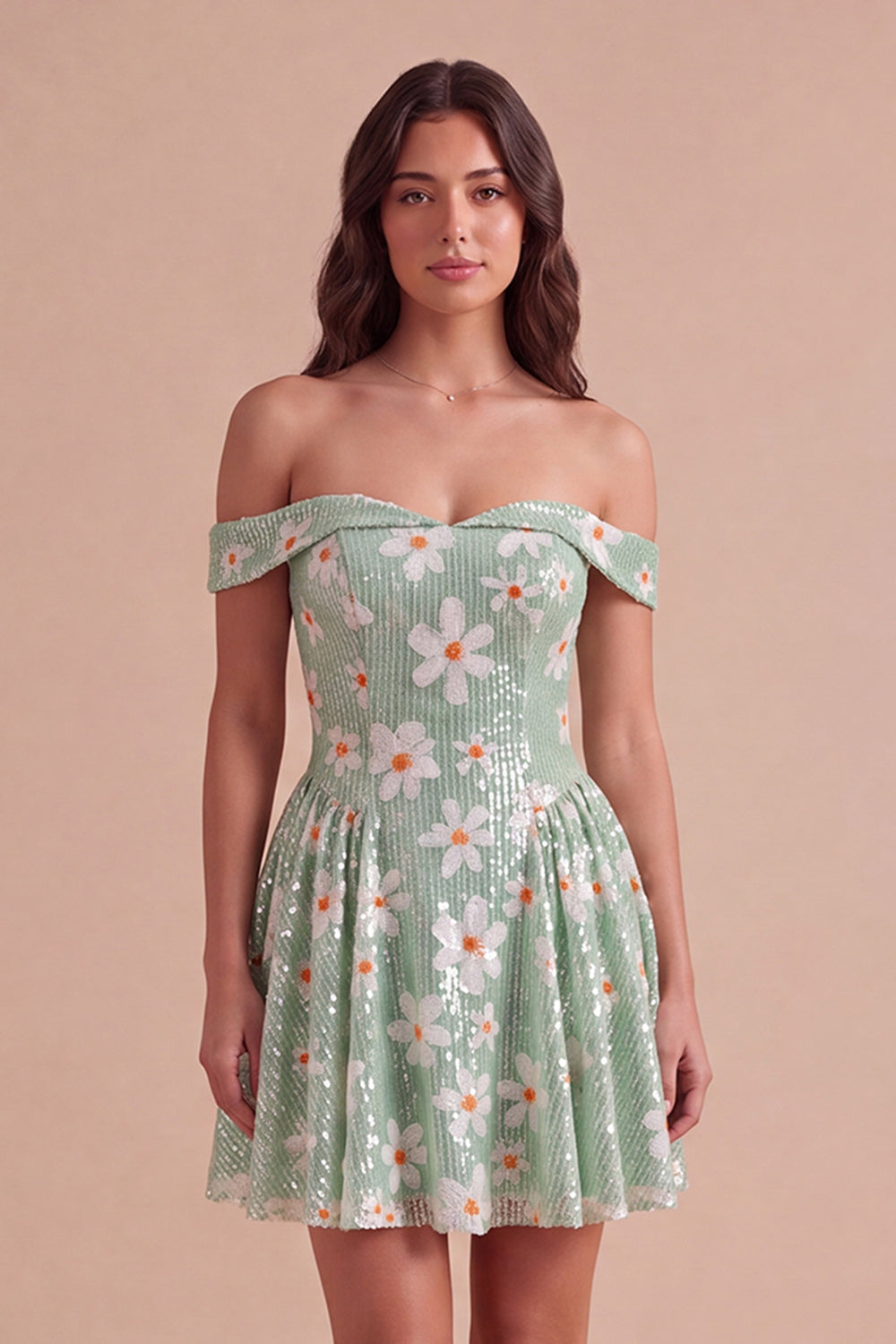 Sparkly Sequins Green Floral Off the Shoulder A-Line Short Homecoming Dress