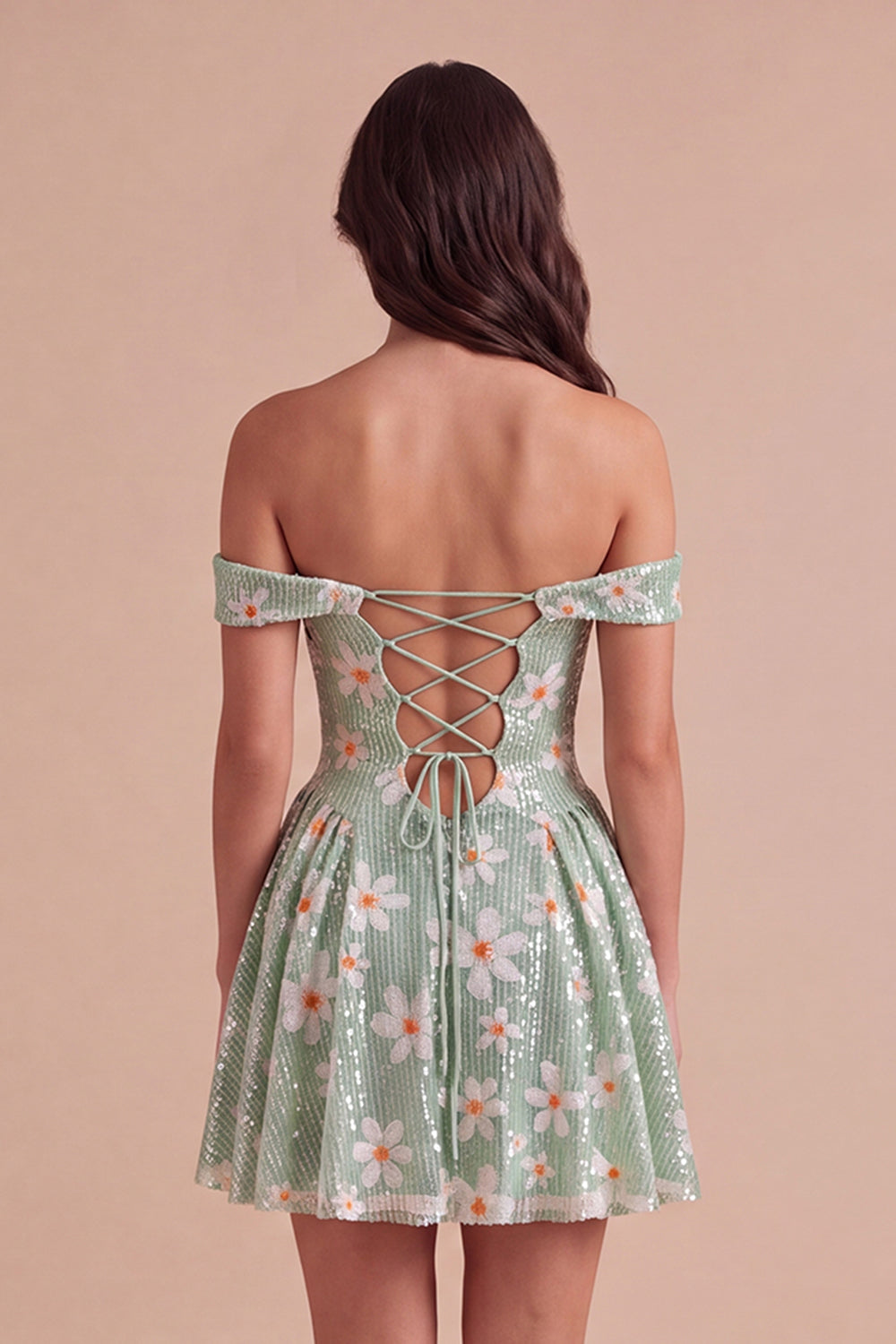 Sparkly Sequins Green Floral Off the Shoulder A-Line Short Homecoming Dress