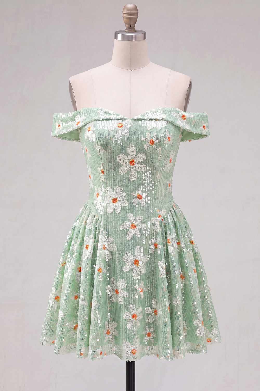Sparkly Sequins Green Floral Off the Shoulder A-Line Short Homecoming Dress