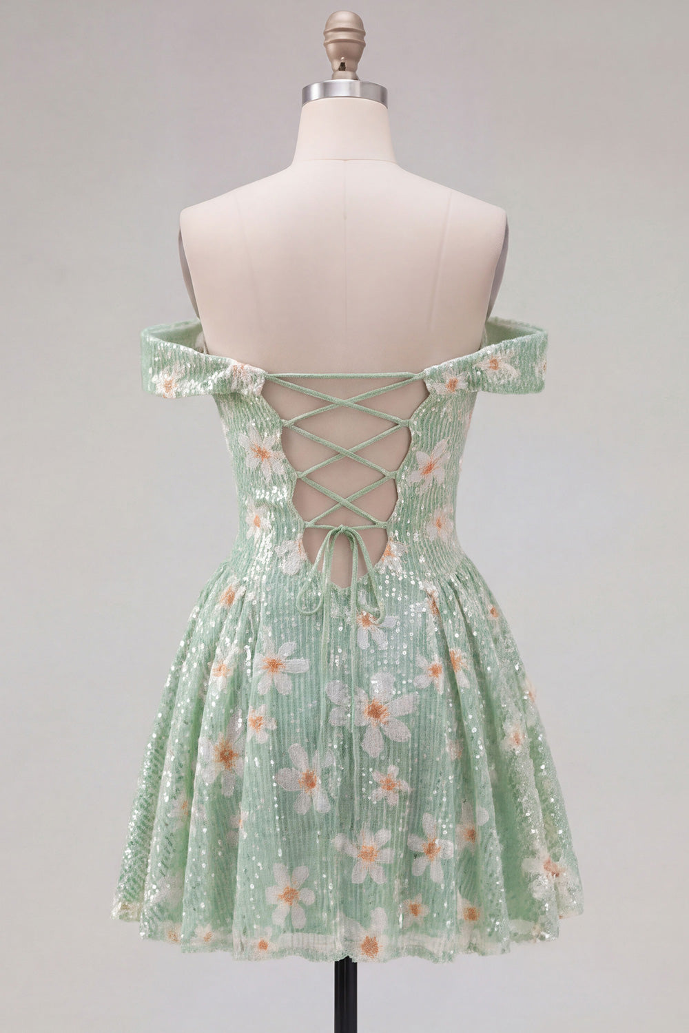Sparkly Sequins Green Floral Off the Shoulder A-Line Short Homecoming Dress