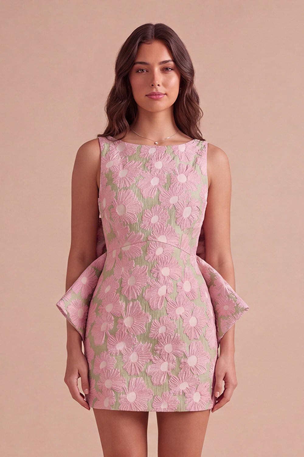 Pink Green Floral Jacquard Boat Neck Bodycon Short Homecoming Dress with Bow