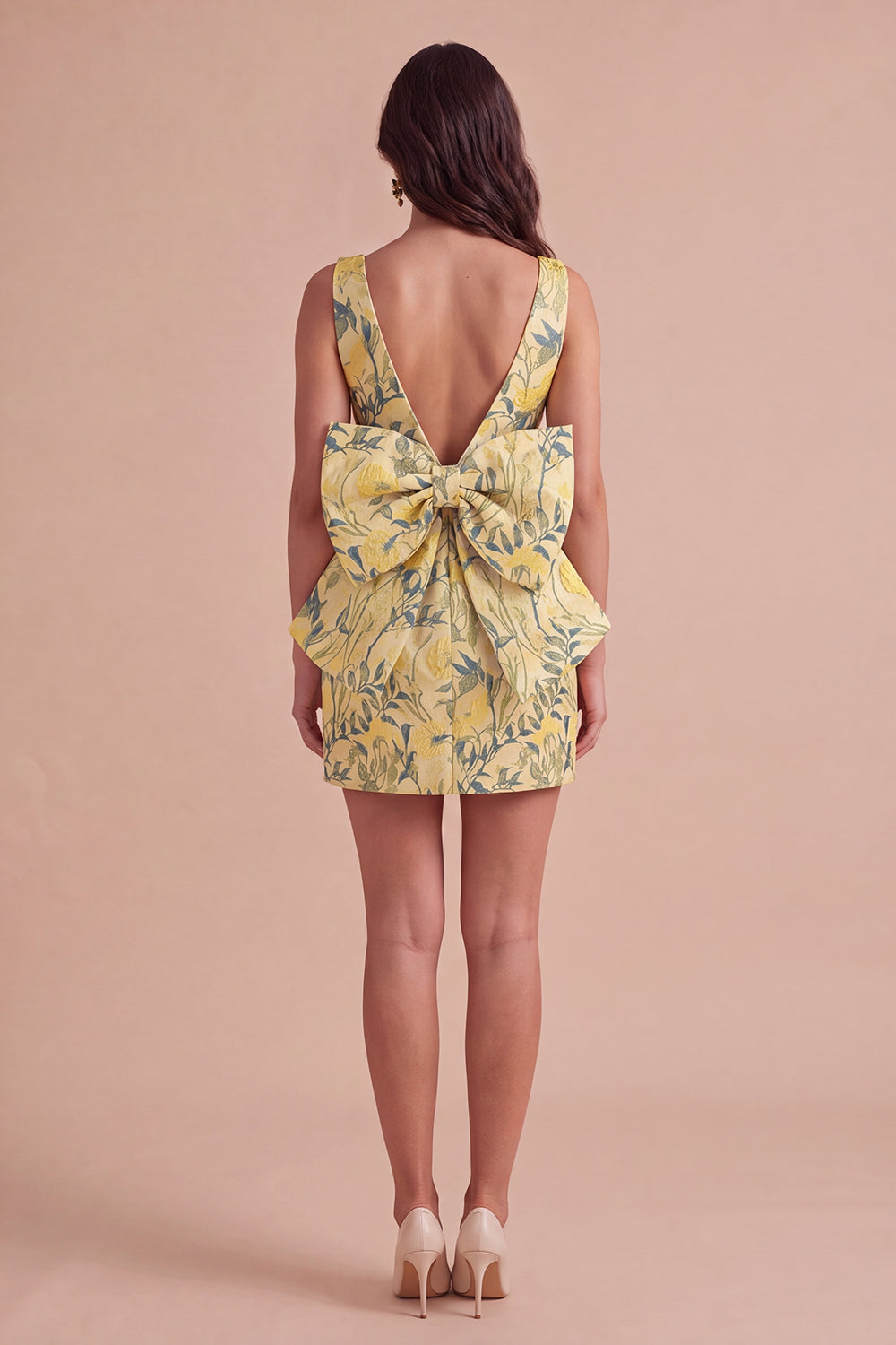Pink Green Floral Jacquard Boat Neck Bodycon Short Homecoming Dress with Bow