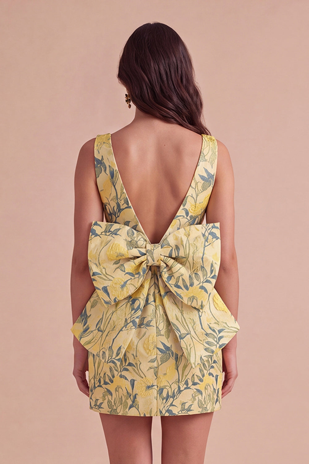 Pink Green Floral Jacquard Boat Neck Bodycon Short Homecoming Dress with Bow
