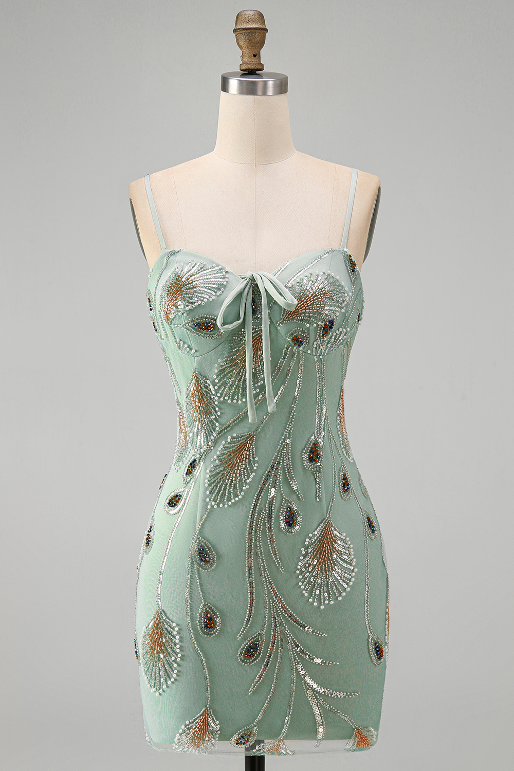 Sparkly Beaded Sage Green Floral Bodycon Spaghetti Straps Short Homecoming Dress