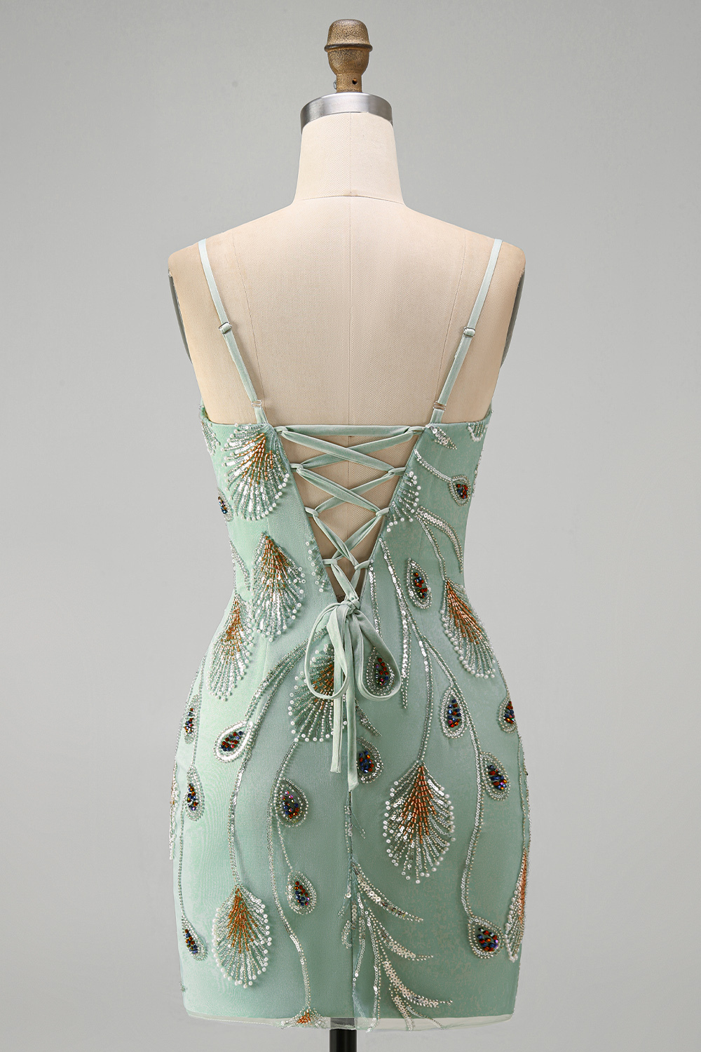 Sparkly Beaded Sage Green Floral Bodycon Spaghetti Straps Short Homecoming Dress