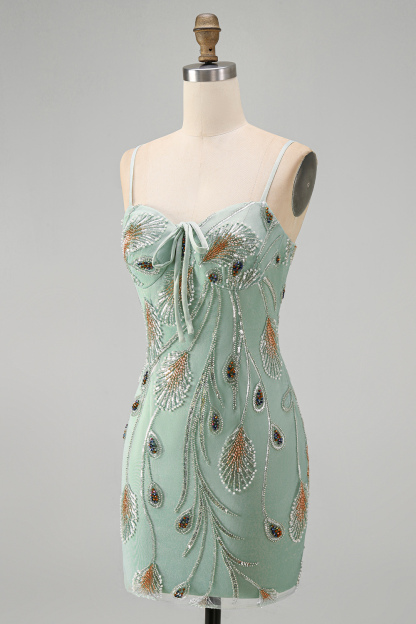 Sparkly Beaded Sage Green Floral Bodycon Spaghetti Straps Short Homecoming Dress