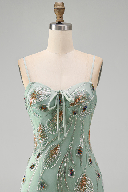 Sparkly Beaded Sage Green Floral Bodycon Spaghetti Straps Short Homecoming Dress