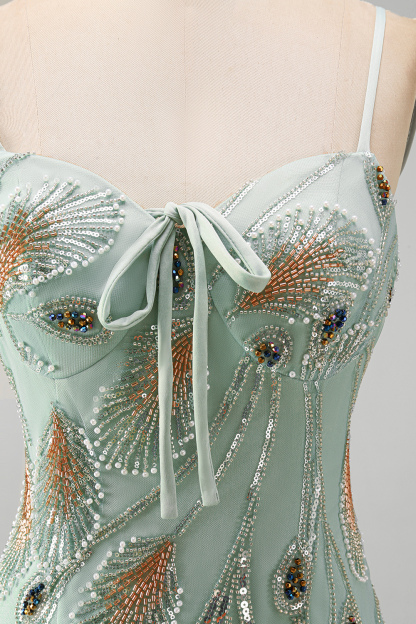Sparkly Beaded Sage Green Floral Bodycon Spaghetti Straps Short Homecoming Dress