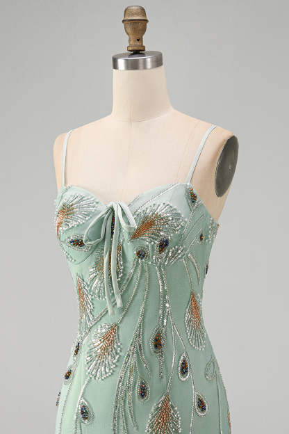 Sparkly Beaded Sage Green Floral Bodycon Spaghetti Straps Short Homecoming Dress