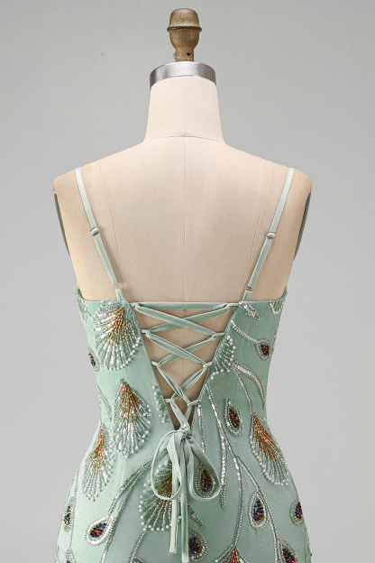 Sparkly Beaded Sage Green Floral Bodycon Spaghetti Straps Short Homecoming Dress