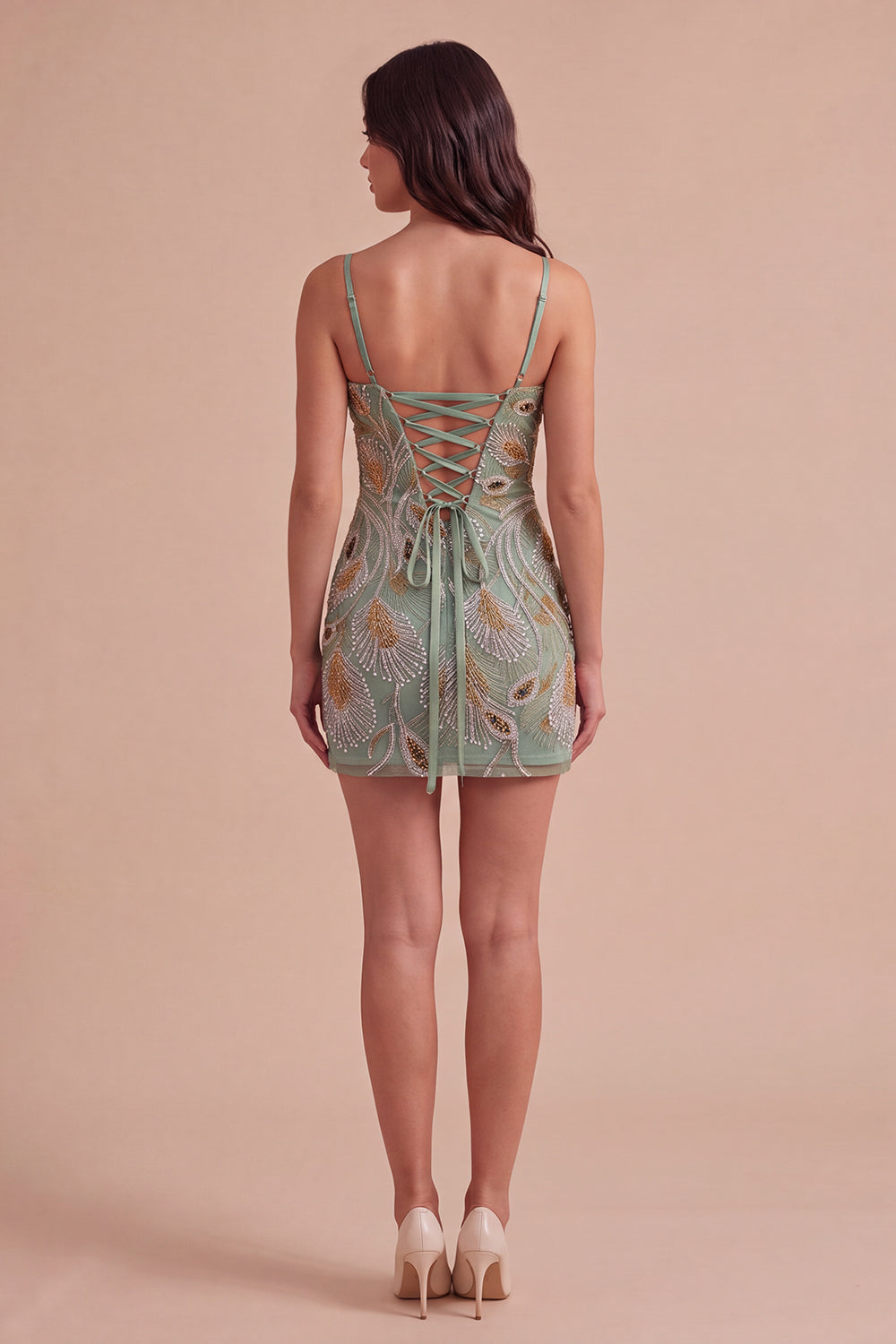 Sparkly Beaded Sage Green Floral Bodycon Spaghetti Straps Short Homecoming Dress