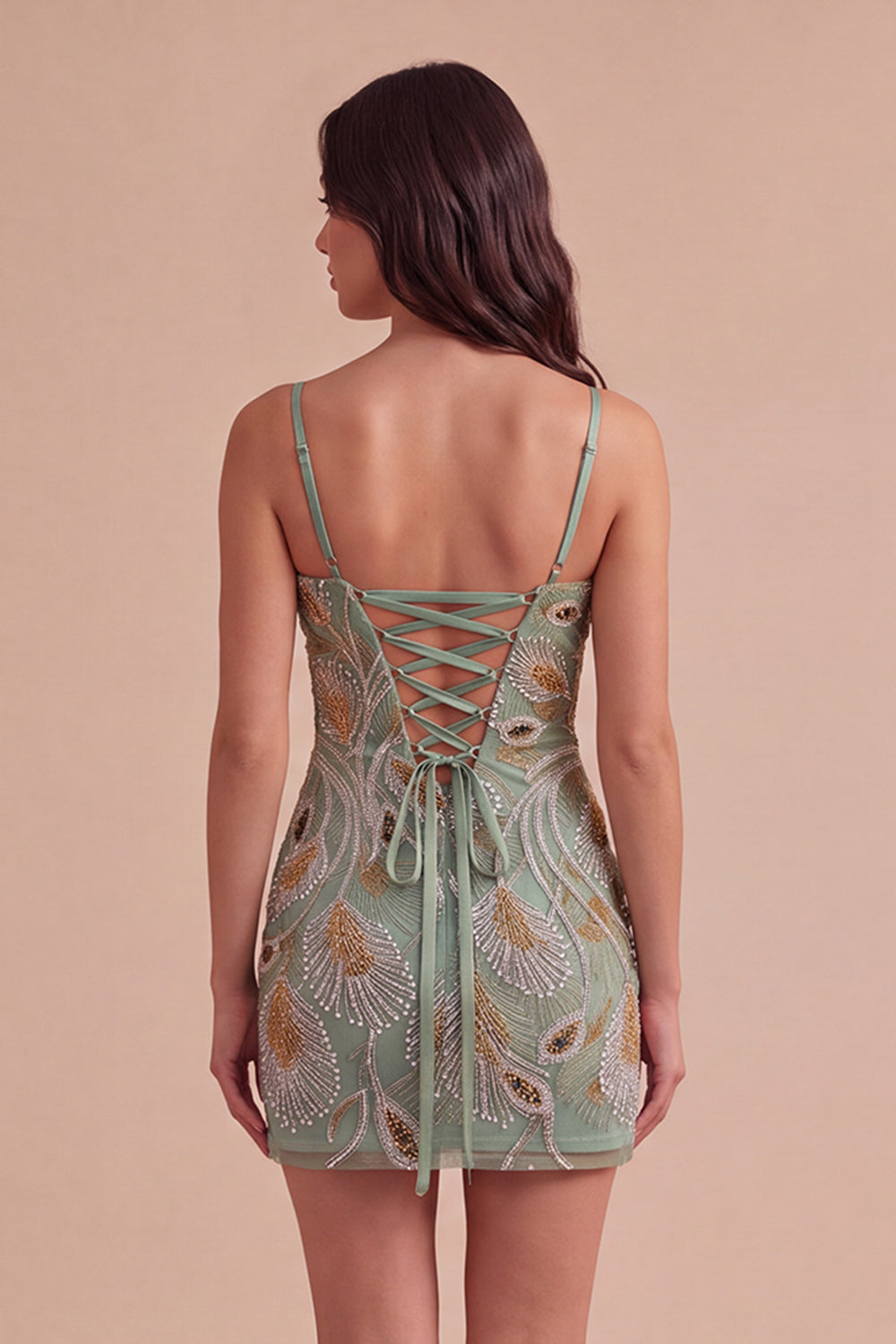 Sparkly Beaded Sage Green Floral Bodycon Spaghetti Straps Short Homecoming Dress