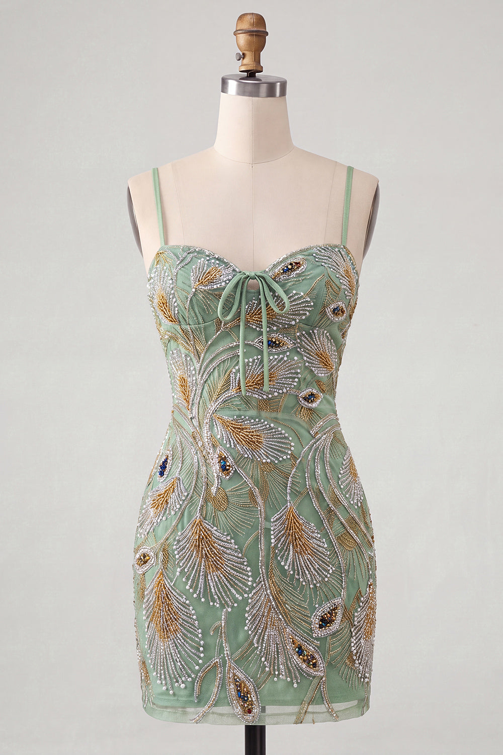 Sparkly Beaded Sage Green Floral Bodycon Spaghetti Straps Short Homecoming Dress