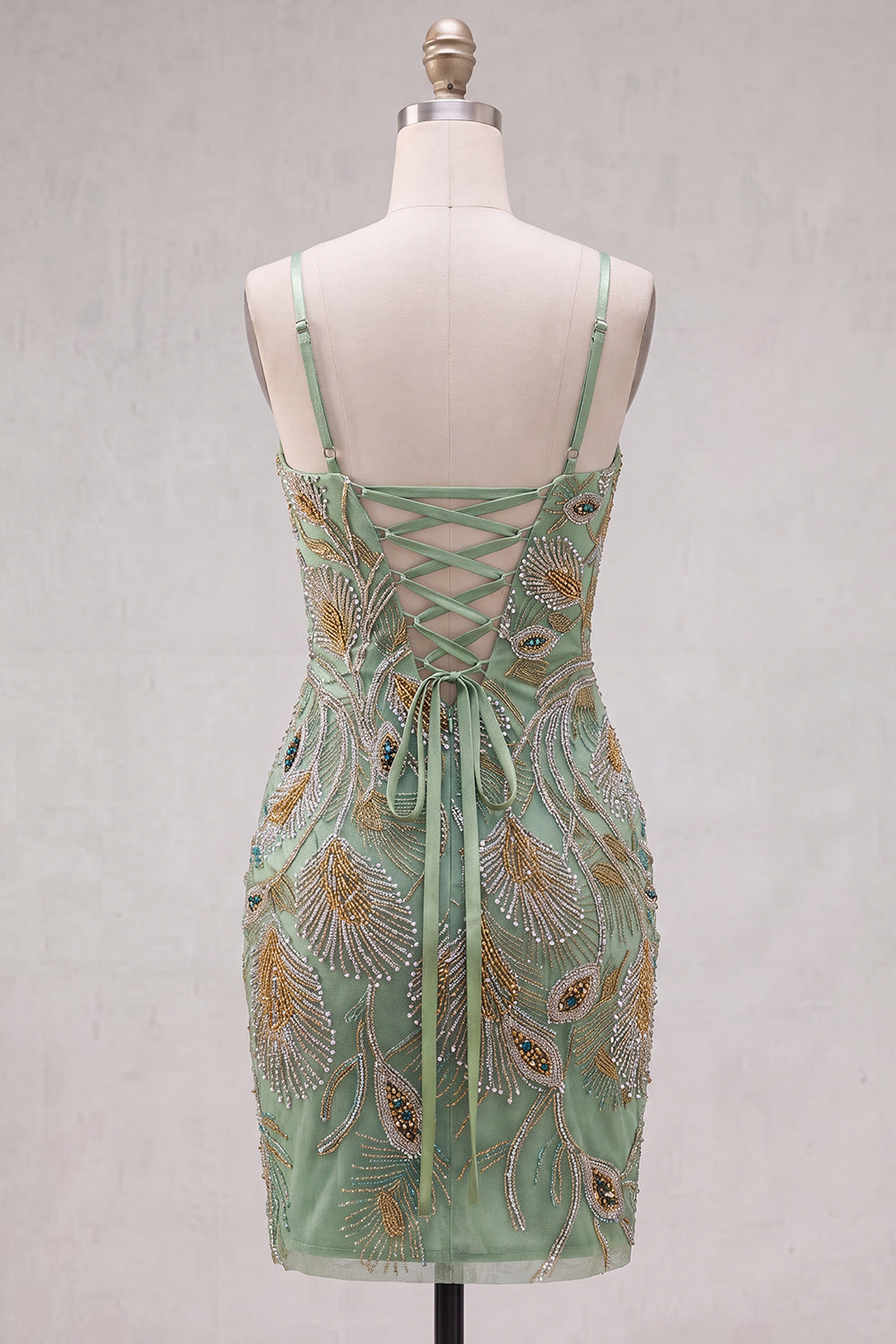 Sparkly Beaded Sage Green Floral Bodycon Spaghetti Straps Short Homecoming Dress