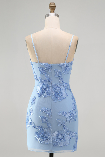 Blue Floral Appliqued Bodycon Ruched Short Homecoming Dress