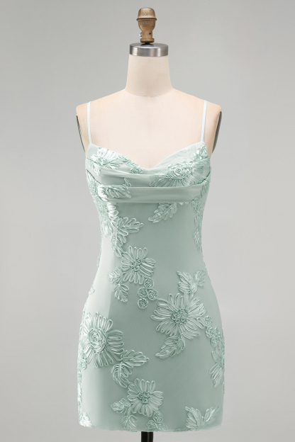 Blue Floral Appliqued Bodycon Ruched Short Homecoming Dress