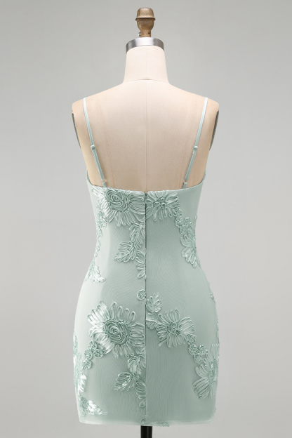 Blue Floral Appliqued Bodycon Ruched Short Homecoming Dress