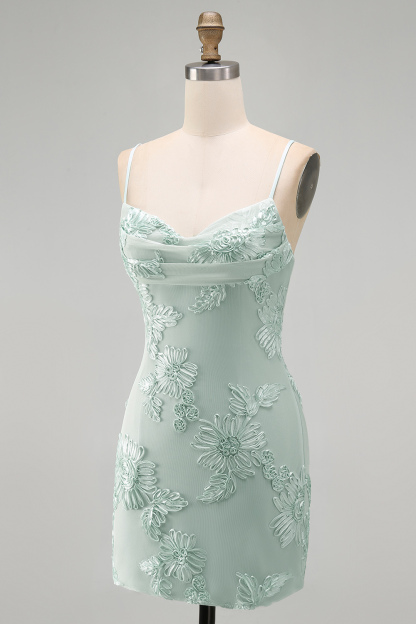 Blue Floral Appliqued Bodycon Ruched Short Homecoming Dress