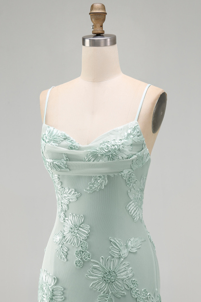 Blue Floral Appliqued Bodycon Ruched Short Homecoming Dress