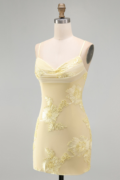 Blue Floral Appliqued Bodycon Ruched Short Homecoming Dress