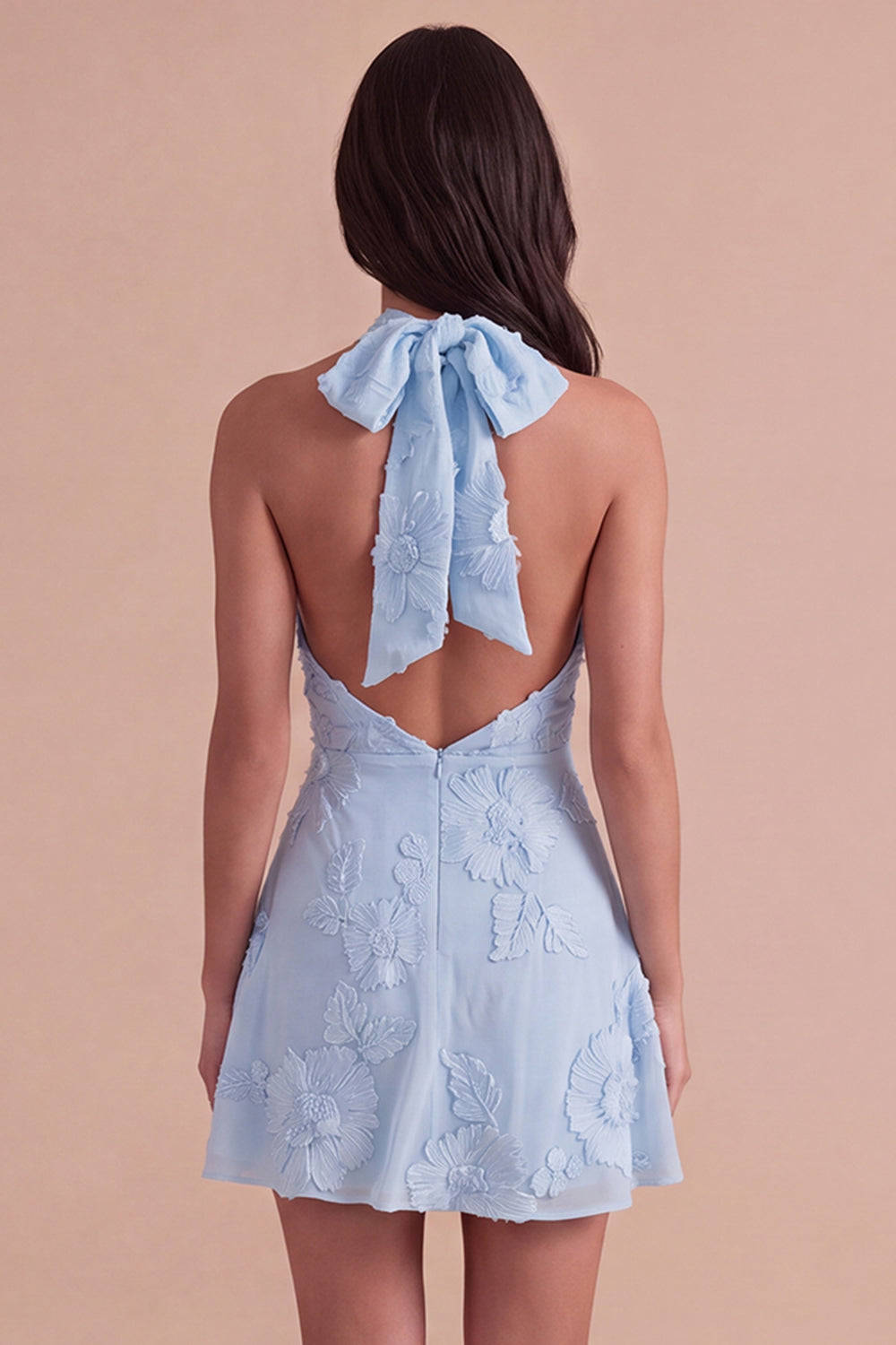 Blue Floral Appliqued Halter A-Line Short Homecoming Dress