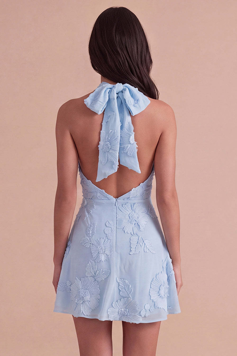 Blue Floral Appliqued Halter A-Line Short Homecoming Dress